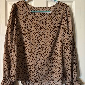 Tan and Cream Leopard Print with Puff Sleeve 3/4 Blouse Relaxed Fit